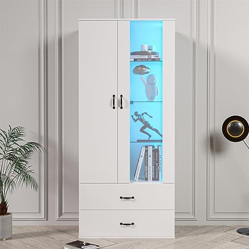 Sweiko Vitrine avec éclairage LED 16 Couleurs Vitrine étagère Debout avec 2 Portes et 2 Tiroirs Meuble de Salon Blanche éléments Muraux de Salon Armoires LED Buffet étagère Haute Bibliothèque