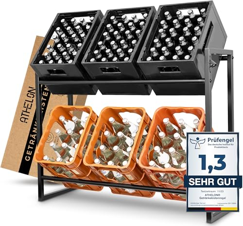 ATHELON® Getränkekistenregal für 6 Kisten - Platzsparendes Getränkeregal inkl. Flaschenöffner & Bodenschutz - Verbessertes Kistenregal [2024] - Getränkekistenhalter aus Metall