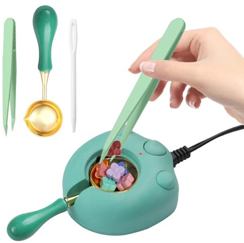 WUERLIN Electric Wax Seal Warmer, Wax Seal Kit with Spoon and Tweezers Great Tool for DIY Wax Seals, Wax Seal Stamp and Melting Wax Seal Sticks Sealing Wax Beads (Green)