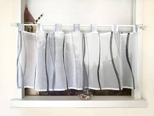 Devola Scheibengardine mit Wellenmuster Gardine Druck Kurzstore mit Schlaufen Küchengardine Kurz Modern Voile Bistrogardine Transparent HxB 45x100cm Grau 1 Stück