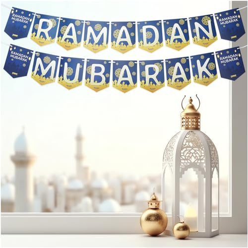 Lunarae Ramadan Girlande in Gold & Blau I Elegantes Doppel Ramadan Deko Banner mit RAMADAN MUBARAK Schriftzug I 2x3m, Buchstaben I Ramadan Dekoration Set Wohnzimmer I ديكور عيد مبارك