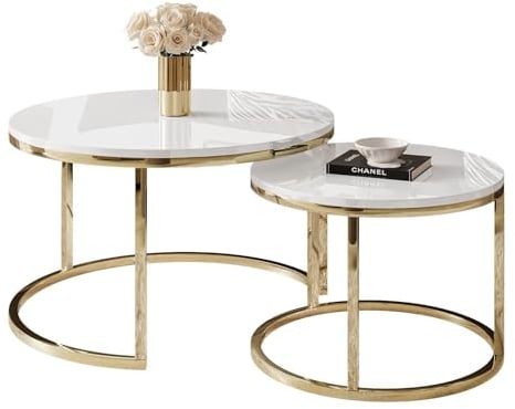 lukmebel Couchtisch rund 2er Set - CIRI 2in1 - Beistelltisch rund - Kaffetisch - Industrial Deko - Deko Wohnzimmer - Kleiner Beistelltisch - Sofatisch - Couchtisch Weiß Hochglanz