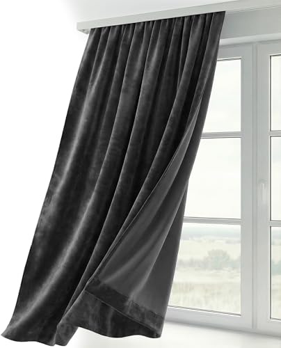 BEAUTEX Samt Vorhang Kräuselband U-Band Gardine Velvet abdunkelnd und Blickdicht, 140x175 cm (Breite 140 cm, Höhe 175 cm, Dunkelgrau)