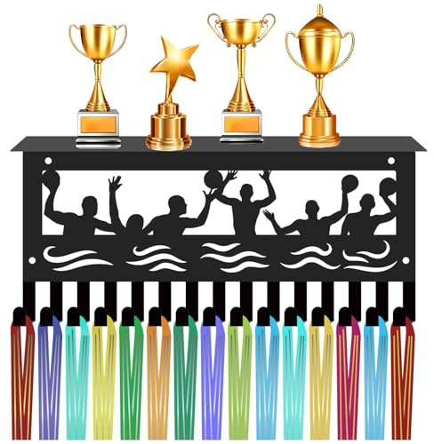 CREATCABIN Trophäe,Medaillenaufhänger,Medaillenhalter Mit Regal,Wandmontage,Eisenhaken,Sportrahmen,Dekor,Schwarz,Medaillenständer Zum Aufhängen Über 70 Medaillen,Abzeichen,Sportler,30x13cm Wasserball