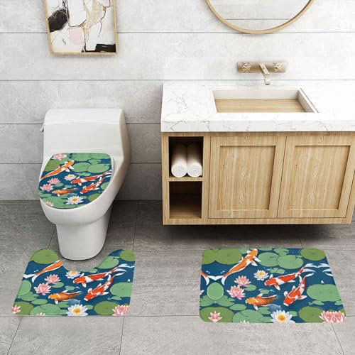 ASPOIJHN Badezimmerteppich-Set, 3-teilig, rutschfest, konturiert, mit WC-Deckelbezug, japanischer Koi-Fisch, leicht zu reinigen