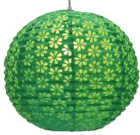 GURU SHOP Runder Lokta Papierlampenschirm, Boho Hängelampe Coronada - Ø 35 cm Grün