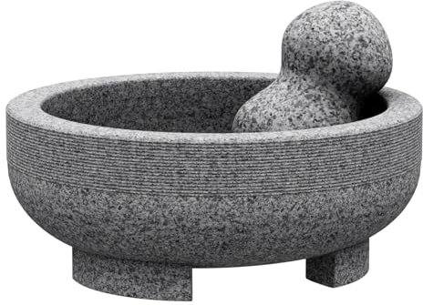 Large Mortar and Pestle - 4 Cup Unpolished Granite Bowl Molcajete Mexican Mortar Handmade Stone Grinder for Guacamole Pastes Pestos in Family Day, Mortar and Pestle, Gray, 8 Inches