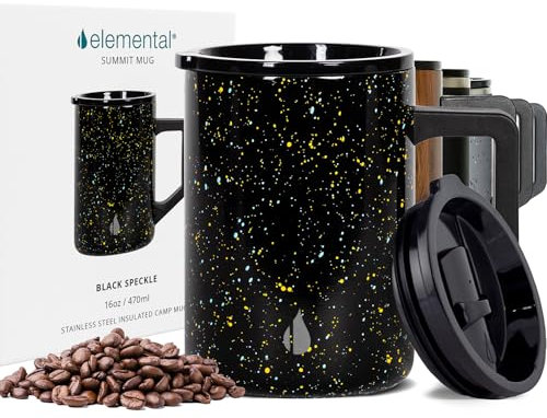 Elemental Summit Coffee Mug - Coffee Cup Travel Mug - Thermal Cup with Handle & Lid - Lightweight Vacuum Insulated Coffee Cup - Hot & Cold Stainless Steel Travel Mugs - Black Speckle - 470ml