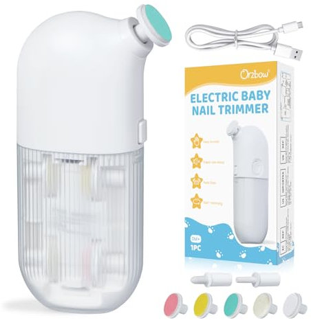 Orzbow Integrato Lima Unghie Neonato, Recargable Lima Elettrica per Unghie Neonato con Sette Teste Abrasive, Portabilità Tagliaunghie Neonato con Design Universale, Basso Rumore, Blanco