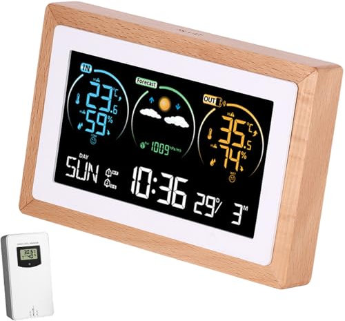 Wetterstation mit Außensensor, Digital Farbdisplay Funkwetterstation Innen Außen mit Wettervorhersage, Wetterstationen mit Temperatur und Luftfeuchtigkeitsalarm für Haus, Büro (Holzfarbe - FJ3399C)