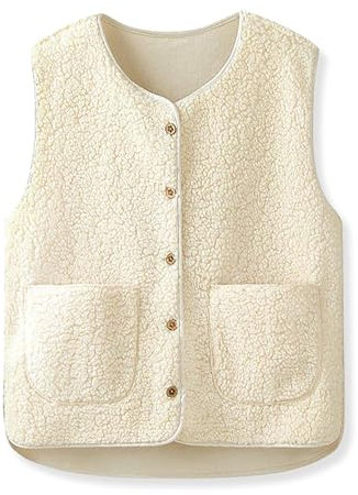 beifon Gilet Sans Manches Femme Polaire Doudoune Sans Manches Fourrure Veste Laine Couleur Unie Blouson Mode Bouton Matelassée Manteaux Sans Manches avec Poches Gilet Chaud Femme