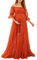 Fiacafyo Damen Langarm Schulterfrei Umstands-Maxikleid Spitze Rüschenärmel Tüll Kleid Schwangerschaftskleid für Fotoshooting, A-Orange, Rot, XL