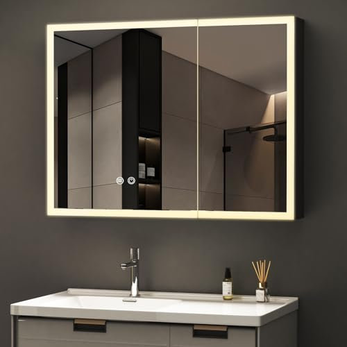 WDWRITTI LED Spiegelschrank mit Beleuchtung 60x80x12.5cm Badezimmerschrank, Bad Metall Badschrank Medizinschrank Spiegel Kabinett mit 3-Farben Dimmbar, Beschlagfrei, 2 Glasablage