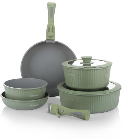KASANOVA Batteria pentole 9 pezzi Eaziclip, Set pentole induzione con rivestimento ceramico e manici staccabili per uso in forno, Batteria antiaderente con coperchi (Verde)