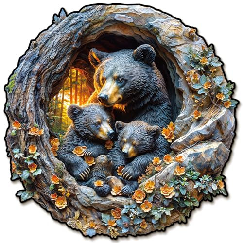 KaayeeWood Wooden Jigsaw Puzzles-327 Pieces Hugging Bear and Cub Unique Shape Wooden Puzzles for Adults, Challenge Wood Puzzles with Wood Box, Birthday Gifts for Family Friend(13.5 * 13.5 in)
