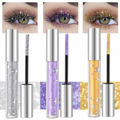 3pcs Glitter Mascara Eyeshadow,Waterproof Long Lasting Sparkle Diamond Mascara,4d Lengthening Volumizing Colorful Mascara,Glitter Colored Mascara For Party Wedding