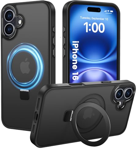 PuyaTeya für iPhone 16 Hülle mit Magnet Ständer, Schwarz | Kratzfeste, fingerabdruckresistente, rutschfeste und stoßfeste [transluzent matte] Handyhülle für iPhone 16