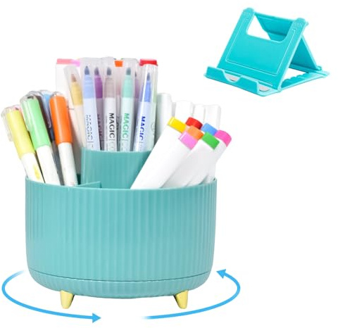 Marte Vanci Pen Holder for Desk, 360° Rotating Desk Organiser, Blue | 5 Compartments, Makeup Brush Holder, Desktop Storage Tidy Caddy with Phone Stand for Stationery Office School Home Supplies