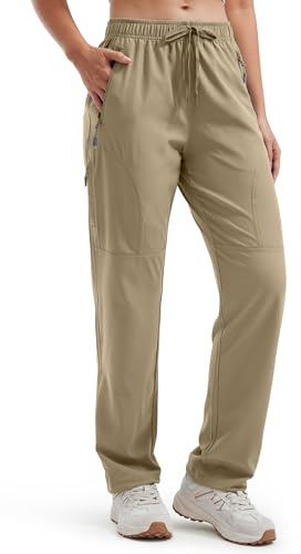 Libin Women's Hiking Trousers Waterproof Quick Dry Walking Cargo Trousers Lightweight Casual Safari Work Travel Pants with Zipper Pockets 29, Dark Khaki L