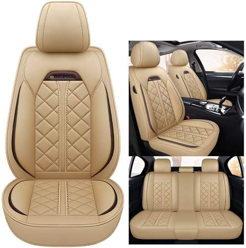 WongLi Autositzbezüge komplett Set Universal | Wasserdicht Leder Auto Sitzbezüge | Schonbezüge für Vordersitze & Rückbank | Sitzbezug Airbag Geeignet, Beige