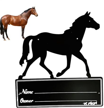 Pferdestall Namensschild - Dekoratives schwarzes Metall Namensschild mit Infokarte, Stallbedarf & Scheunendekoration, personalisiertes Schild für Pferdebesitzer, Freunde & Familie