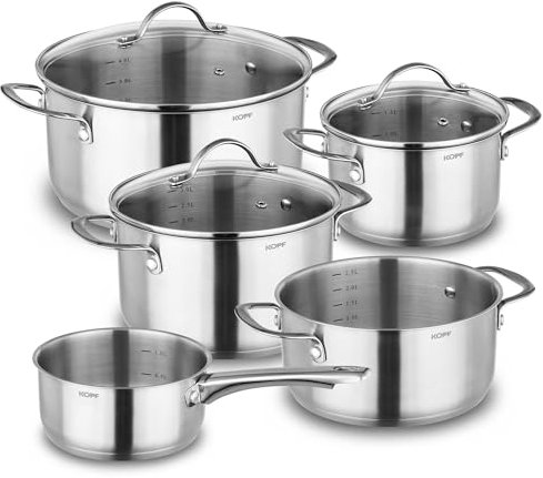 KOPF Topfset Induktion Clara 8-teilig | Backofen & Spülmaschinen geeignet | Kochtopf-Set für alle Herdarten | 4 Töpfe, 1 Stielkasserolle, 3 Glasdeckel | Literskala | Edelstahl