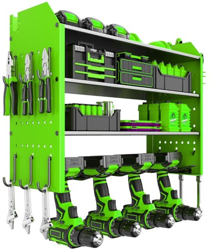 JIUNENG 4 Ebenen Werkzeug Wandhalterung,Werkzeugspeicher Aufbewahrung für 4 Elektrowerkzeug,Schlagbohrschrauber Werkzeugträger für Garage und Werkstatt,Geschenke für Männer (Grün)