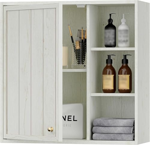 VDNEND Badezimmerschrank Vintage Weiß Wandschrank Hängeschrank Über Toilette mit Türen und Verstellbarem Regal, WC Schrank, Rustikaler Badschrank für Küche Garage Wohnzimmer, 60x25x60 cm (Weiß)