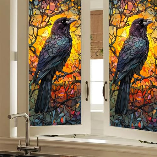 HOMETITUTE Pellicola decorativa decorativa per finestre in vetro colorato con corvo gotico, per porte e finestre, Halloween, Ringraziamento, interni, fai da te, casa, pannello in PVC, 40,6 x 99,6 cm