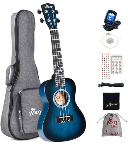 Winzz Ukulele Konzert Anfänger Set Kinderm Erwachsene, Einzigartiges Farbdesign, mit Tasche, Stimmgerät, Zusätzlichen Saiten, Gurt, Noten-Aufkleber (Vintage-Blau, 23 Zoll)