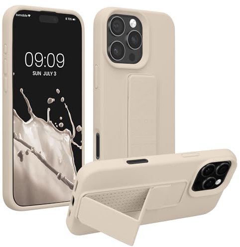 kwmobile Case for Apple iPhone 16 Pro Case - Soft TPU Cover with Silicone Coating - With Hand Strap and Stand Function - Shockproof - Cream