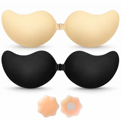 BLOOMORA Klebe BH Push Up – Unsichtbarer Trägerloser BH Rückenfrei, 2er Set Silikon Klebe-BHS mit Clip – Schwarz & Beige Sticky Bra - Cup A-D
