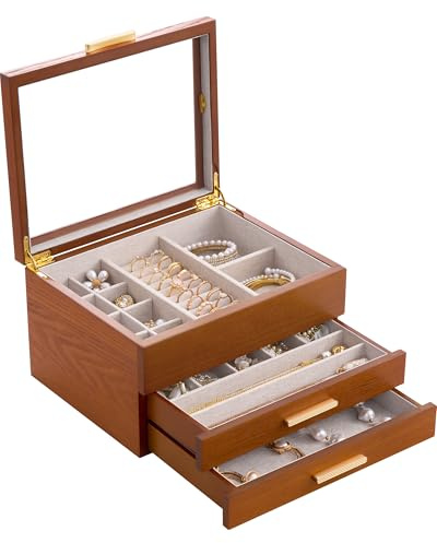 Lolalet Holzmaserung Schmuckkästchen, Groß Schmuckaufbewahrung mit durchsichtige Fenster, Schmuckschatulle Schmuckbox für Ohrringe Armbänder Halsketten Ringe –Kirsche, 3 Ebenen