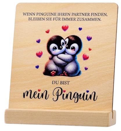 ZUKLA Ich Liebe Dich Geschenke für Frauen Männer - Holztafel 16 x 15 cm - Pinguin Geschenk - Hochzeitstag, Jahrestag, Weihnachten - Liebe Geschenk für Partner