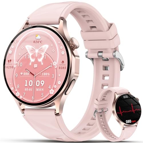 Smartwatch Damen EKG, HRV/Blutdruckmessung/Harnsäure/Menstruationszyklus | Elegante Gesundheitsuhr mit Telefon, 24H Mikro-Check, Puls, Schlaf, SpO2, BMI, Temperatur, SOS, Fitnessuhr iOS/Android