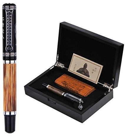 Duke x551 Confucius Fountain Pen Set with Ink Refill Converter , Medium Nib Natural Bamboo Barrel Gift Pen with Wooden Gift Box