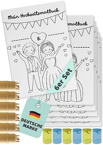 von Rafenstein Hochzeitsmalbuch für Kinder - 6er Set - Ausmalbuch zur Hochzeit mit Buntstiften & Spitzern - Kindermalbuch mit 28 Seiten