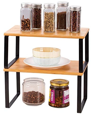 HAITRAL 2-Tier Stackable Shelf Organizer Set of 2 - Bamboo & Metal Kitchen Storage Shelves for Cabinet, Pantry, Bathroom - Space Saving Cupboard & Countertop Organizer - Natural/Black