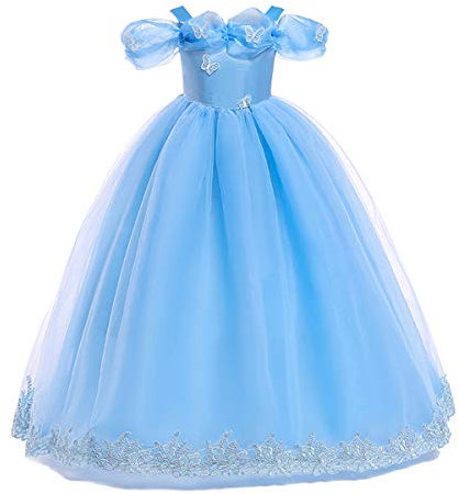 FYMNSI Kinder Aschenputtel Kostüm Kleid Mädchen Cinderella Prinzessinenkleid Karneval Fasching Cosplay Schulterfrei Schmetterling Tüll Maxikleid Halloween Geburtstagsfeier Festkleid Blau 7-8 Jahre