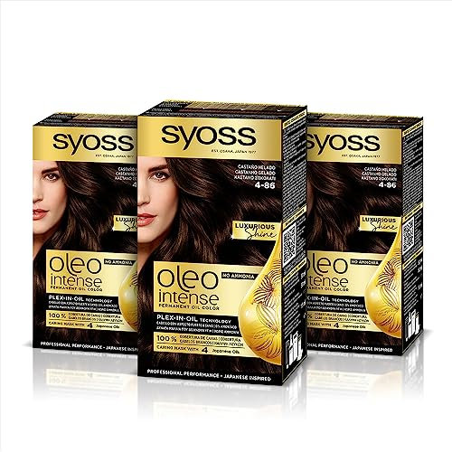 Syoss Oleo Intense - Tinte 4-86 Castaño Helado – Coloración permanente Sin Amoníaco – Cobertura profesional de canas – Resultados de peluquería (Pack De 3)