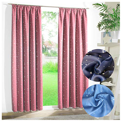 heimtexland ® Verdunklungsgardine Kindergardine Sterne Vorhang Sterne Silber Rosa Kräuselband 175x135 Typ639