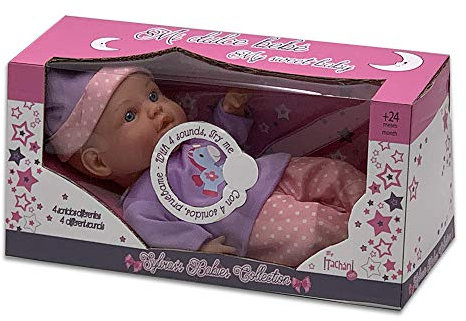 cpa toy group trading s.l. Tachan 772T00407 Puppe mit lila Kleidung, weicher Körper 30 cm und Sounds