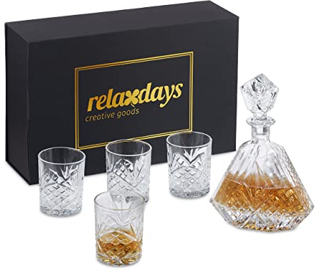 Relaxdays Whisky Set, 5-teilig, Whiskykaraffe 650 ml, 4 Whiskygläser 330 ml, Cognac Dekanter, Geschenkbox, transparent