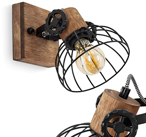 Wandleuchte Orny, Wandlampe im Vintage-Design aus Holz/Metall in Braun/Schwarz m. Lichteffekt, Schirm in Gitter-Optik und Holzbalken, Textilkabeln, verstellbarer Strahler, 1 x E27, ohne Leuchtmittel