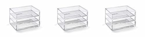 OSCO Clear Acrylic 3 Drawer Chest, Transparent Desktop Storage Unit for Business Cards, Stationery or Cosmetics, Durable High-Grade Acrylic, H11.4 × W16.5 × D12.2 cm, 3 Pack