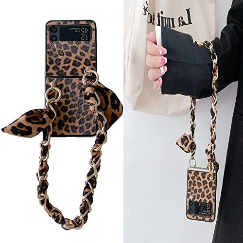 Shinyzone Kompatibel mit Samsung Galaxy Z Flip 3 Hülle mit Metall Handschlaufe Lanyard für Damen Mädchen,Modisch Leopard Muster Hülle mit Armband Kette Handyhülle Weich TPU Stoß Schutzhülle