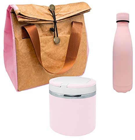 NERTHUS FIH 1040 SET Botella Doble Pared Acero Inoxidable Rosa + Termo para Sólidos Rosa + Bolsa Térmica Rosa