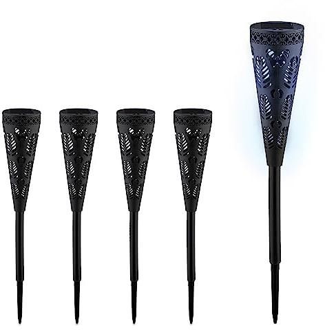 Relaxdays Solarlampe 5er Set, Fackel-Design, Gartenbeleuchtung mit Lichteffekt, H x D: 41 x 7 cm, mit Erdspieß, schwarz
