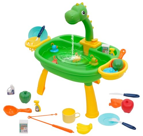 Pretend Wash-up Kitchen Sink Play Set Age 3+,Kitchen Sink Toys with Tableware Accessories Water Circulation System and Dinosaur Tap,Educational Party Activity Toy Set for Girls Boys
