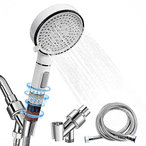 REKALRO Duschkopf Wassersparend mit Schlauch 1,5m, Handbrause Filter Mineralsteinen und 5 Strahlarten, Druckerhöhende Duschbrause mit Wasserstop, 4-Lagen-Filtration Duschkopf Sparduschkopf, Chrom
